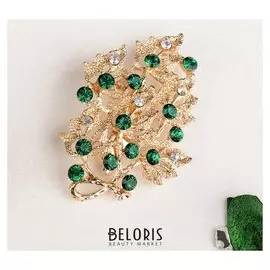 Брошь "Листва", цвет изумрудный в золоте