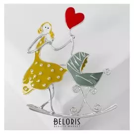 Брошь "Мама" с коляской, цветная в серебре