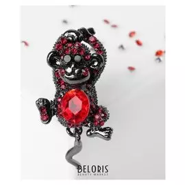 Брошь "Мартышка" подвижный хвостик, цвет красный в сером металле