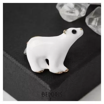 Брошь "Медведь", цвет белый в золоте