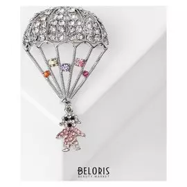 Брошь "Медвежонок" на воздушном шаре, цветная в серебре