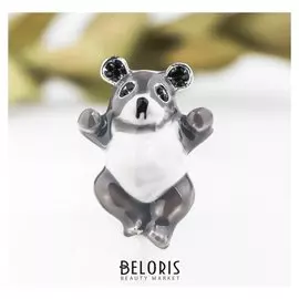 Брошь "Мишка", цвет бело-серый в серебре