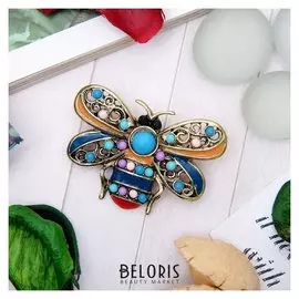Брошь "Муха этническая", цветная в черненом золоте