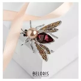 Брошь "Муха", цвет бежево-бордовый в серебре
