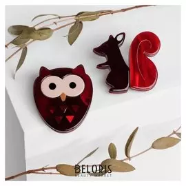 Брошь (Набор 2 штуки) "Сова с белкой", цвет бордовый