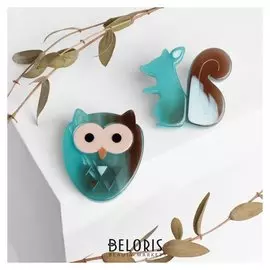 Брошь (Набор 2 штуки) "Сова с белкой", цвет зелёный