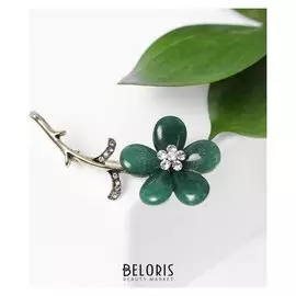 Брошь "Нефрит" цветок, цвет зелёный в чернёном золоте