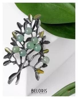 Брошь "Нефрит" дерево, цветной в сером металле