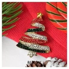 Брошь новогодняя "Ёлка" серпантин, цветная в золоте