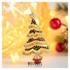 Брошь новогодняя "Ёлка" в кадушке, цветная в золоте