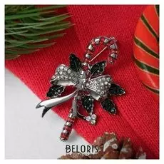 Брошь новогодняя "Леденец" с остролистом, цветная в серебре