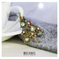 Брошь "Новогодняя сказка" ёлка с бантиками, цветная в золоте