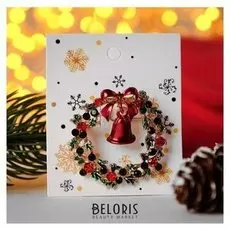 Брошь "Новогодняя сказка" венок с колокольчиком, цветная в золоте