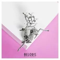 Брошь "Олень новогодний" грация, цвет белый в серебре