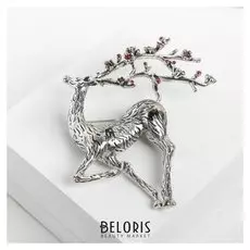 Брошь "Олень" рога-сакура, цвет красный в чернёном серебре