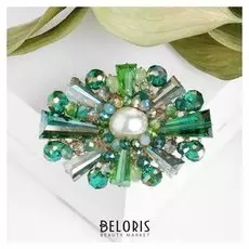 Брошь "Овал" лучики, цвет зелёный в золоте