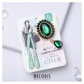 Брошь "Овал" с каплей, цвет зелёный в золоте