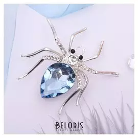 Брошь "Паук", цвет бело-синий в серебре