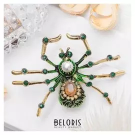 Брошь "Паук", цвет коричнево-зелёный в чернёном розовом золоте