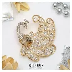 Брошь "Павлин" королевский, цвет бело-золотой в золоте