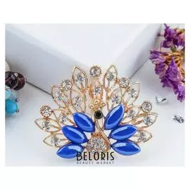 Брошь "Павлин" с пушистым хвостом, цвет синий в золоте