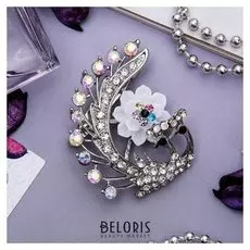 Брошь "Павлин" с розой, цветной в серебре