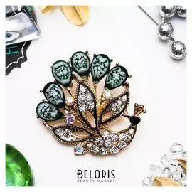 Брошь "Павлин зеленый", цвет бело-зеленый в золоте