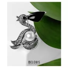 Брошь "Пеликан" с жемчужиной, цвет чёрно-белый в чернёном серебре