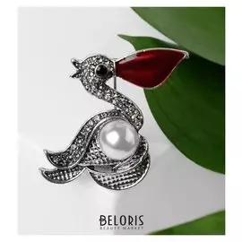 Брошь "Пеликан" с жемчужиной, цвет красно-белый в чернёном серебре