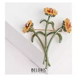 Брошь "Подсолнухи" букет, цвет зелёно-золотой