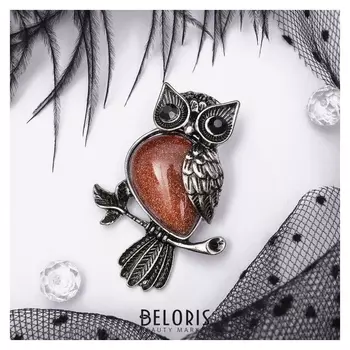 Брошь-подвеска сова на ветке "Авантюрин коричневый"