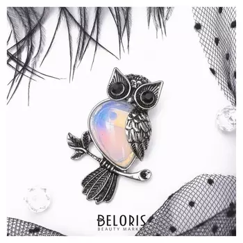 Брошь-подвеска сова на ветке "Лунный камень"