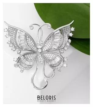 Брошь посеребрение "Бабочка" с усиками, цвет белый в серебре