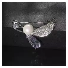 Брошь посеребрение "Бант" стеклянный с бусиной, цвет белый в серебре