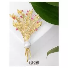 Брошь позолота "Букет колосков", цвет бело-розовый в золоте