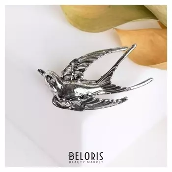 Брошь "Птица" ласточка, цвет чёрный в чернёном серебре