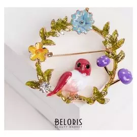 Брошь "Птичка" канарейка в венке, цветная в золоте