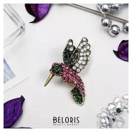 Брошь "Птичка" колибри, цвет малиново-зелёный в чернёном золоте