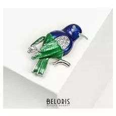 Брошь "Птичка" крупная, цвет сине-зеленый в серебре