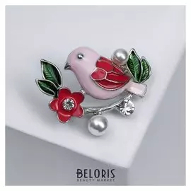 Брошь "Птичка" на жемчужной ветке, цветная в серебре