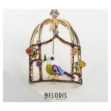 Брошь "Птичка" в клетке, цветная в золоте