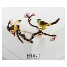 Брошь "Птички" на сакуре, цветная в золоте