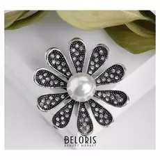 Брошь "Ромашка" лепестки с жемчугом, цвет белый в чернёном серебре