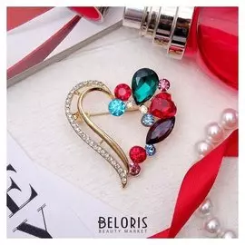 Брошь "Сердце" в камнях, цветная в золоте