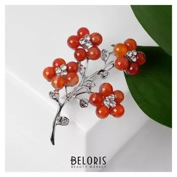 Брошь "Сердолик" цветы, цвет бело-оранжевый в серебре