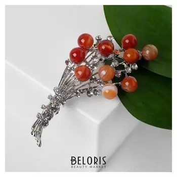 Брошь "Сердолик" крупный букет, цвет бело-оранжевый в серебре