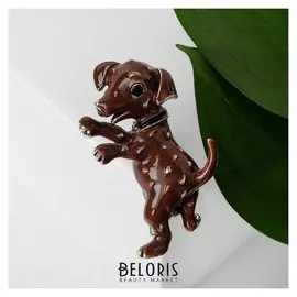 Брошь "Щенок" весёлый, цвет коричневый в серебре
