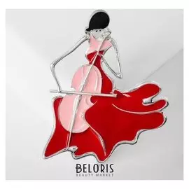 Брошь "Скрипачка", цвет красно-розовый в серебре