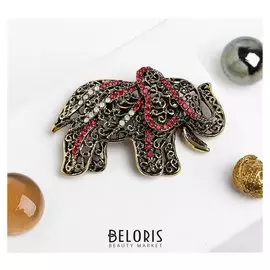 Брошь "Слон", цвет красный в черненом золоте