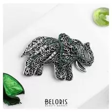 Брошь "Слон", цвет зеленый в черненом серебре